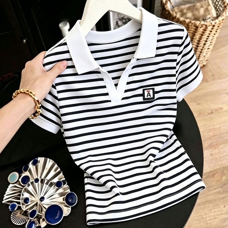 [Combed Cotton 95% Spandex 5%] Stylish and versatile summer short-sleeved polo shirt with color-blocked stripes.