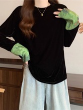 国风圆领真丝丝绒绿色袖口印花宽松衬衣上衣内搭