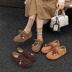 真皮厚底袋鼠勃肯鞋女2025秋新款舒适透气休闲系带豆豆鞋浅口