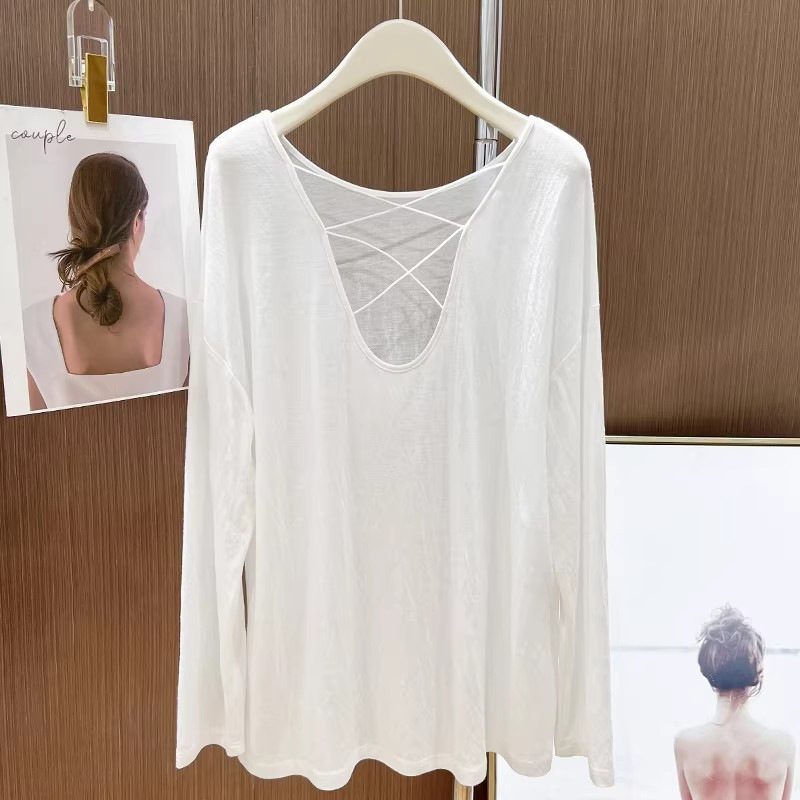 2026 Spring/Summer Style Backless Long Sleeve T-Shirt for Women, Lazy Style, Relaxed Fit, Slimming Ice Silk Sun Protection Top
