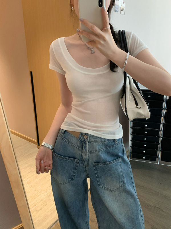 薄手の微透けラウンドネックウエスト半袖Tシャツ2025春夏新デザインスリムフィットトップ女性用|undefined
