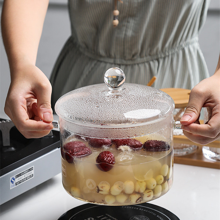 Olla de vidrio borosilicato de doble oreja olla de sopa de vidrio transparente para el hogar olla de guiso de gachas olla de agua hirviendo con tapa olla de fideos