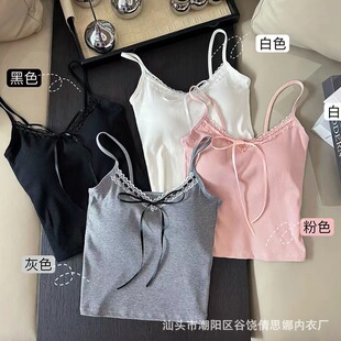With Chest Pad Bow Lace Camisole Women's Summer New Pure Sweet Spice Girl Sexy Short Top for Outer Wear