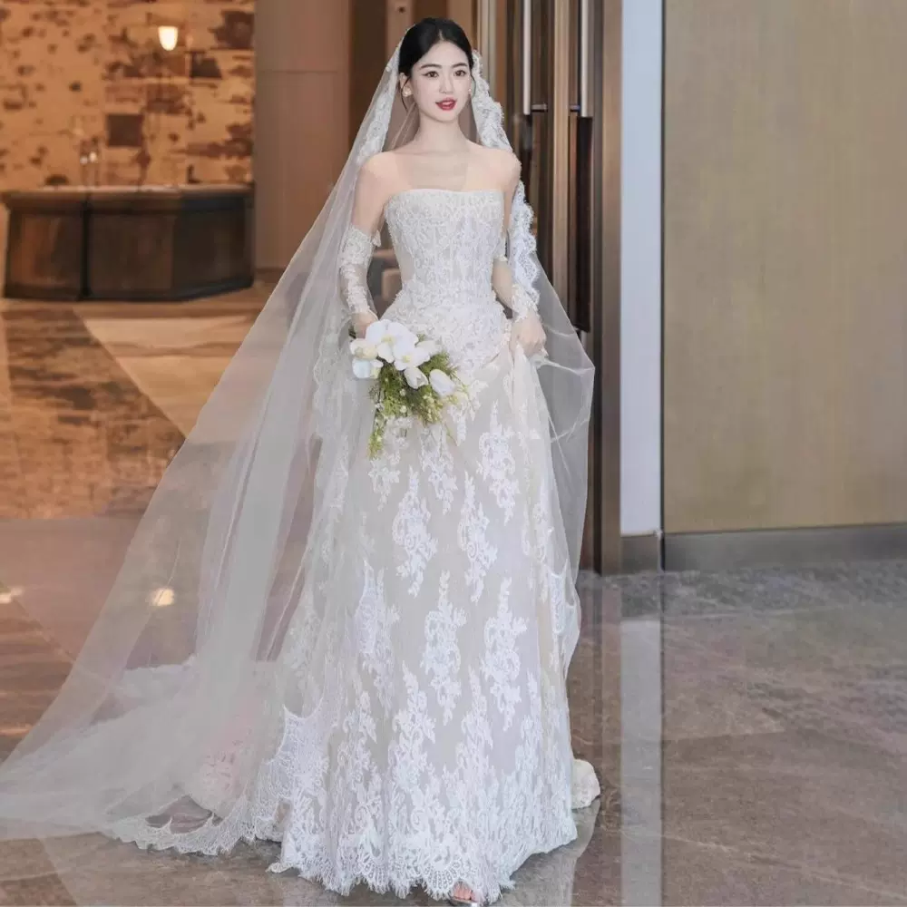 抹胸婚纱礼服2025新款法式轻简约小拖尾旅拍轻婚纱新娘主纱小个子