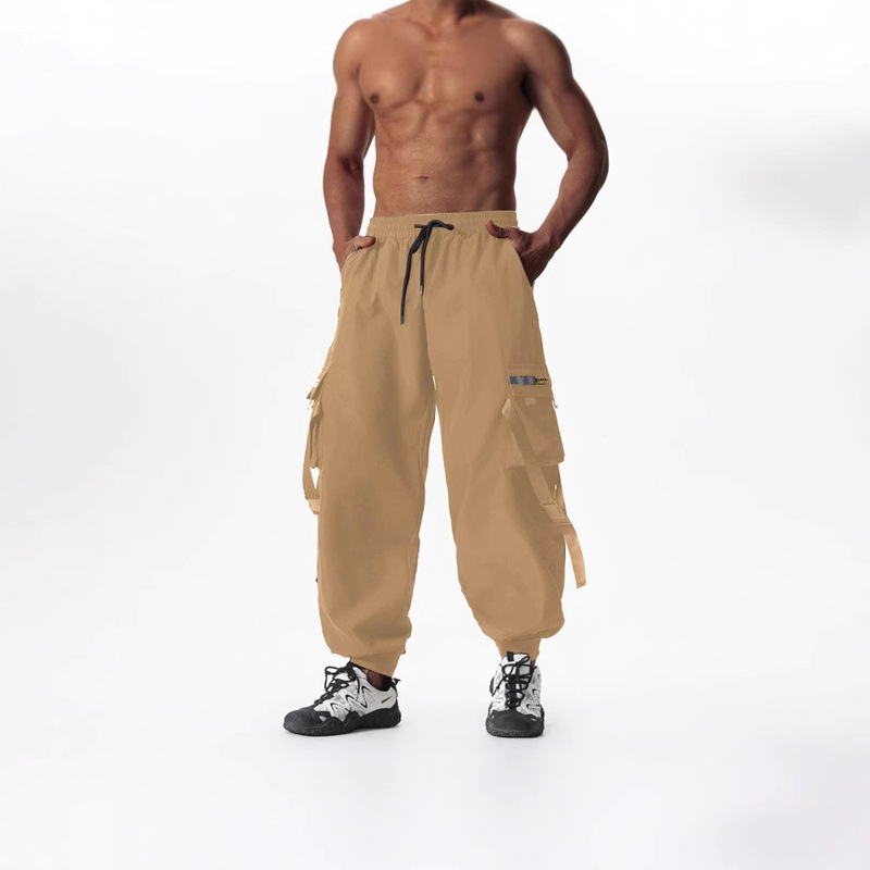 Men's Cargo Pants American European Style High Street Multi-Pocket Cargo Pants Foreign Trade Webbing Street Wide-Leg Jogger Pants