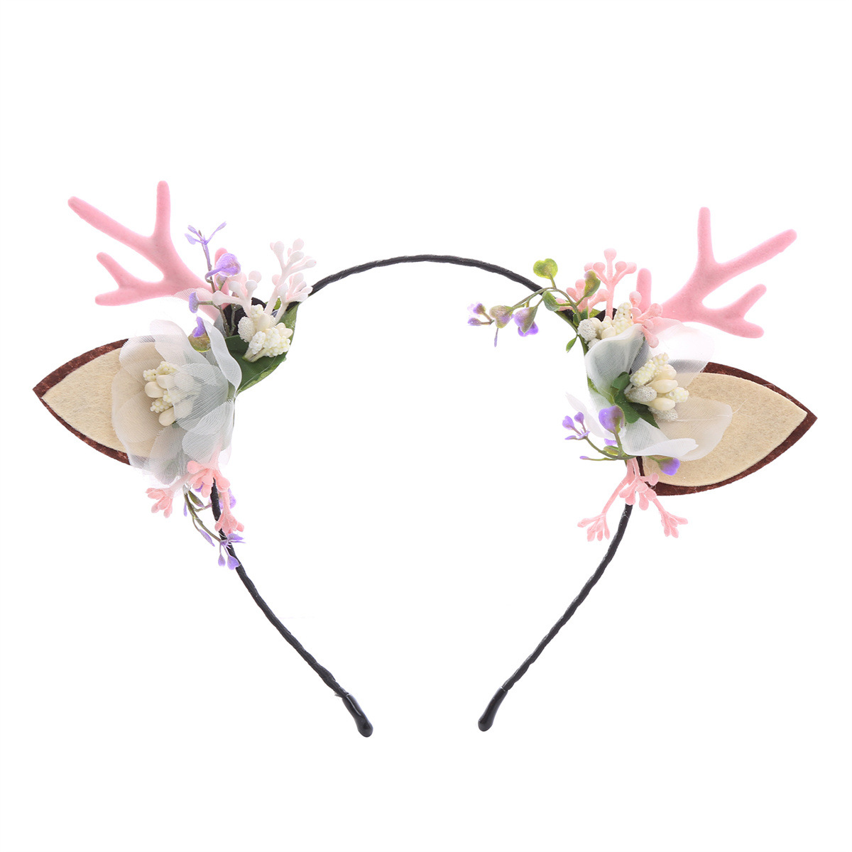 Los niños de Navidad cornamenta diadema venta al por mayor Rosa flocado pequeña cornamenta diadema DIY chica rendimiento accesorios para el cabello diadema