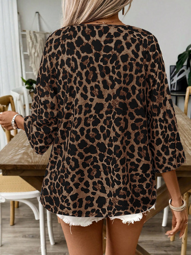 2025 European and American Cross-border AliExpress 2025 Hot Item Women's Blouse—Leopard Print V-Neck, Butterfly-Knot Design, Loose-Fit, All-Match