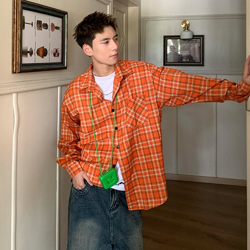 American Style Orange Plaid Shirt Men's Retro Design Sense Long Sleeve Shirt Spring and Autumn Loose Casual Shirt Couple's Jacket