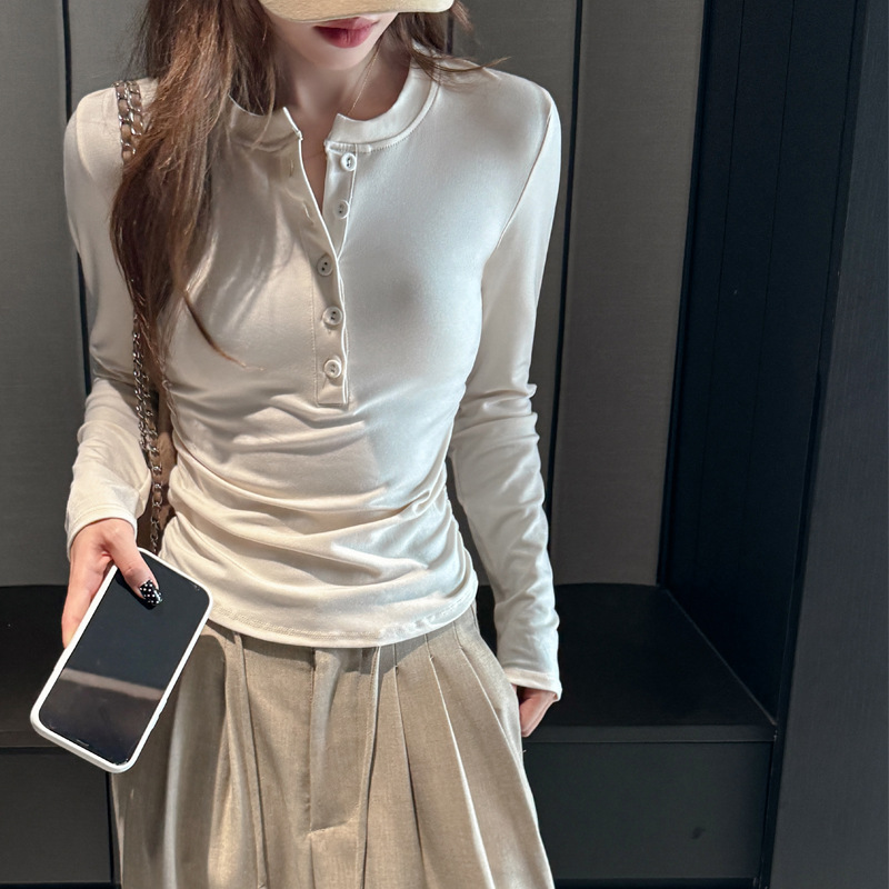 Dongdaemun Design Half-Open Round Neck Button Long-Sleeved Right Shoulder T-Shirt for Women in Autumn and Winter That Can Be Worn as a Base Layer