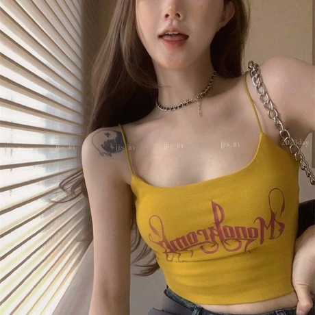 辣妹带胸垫吊带小背心女夏季字母无袖修身短款内搭上衣外穿打底衫