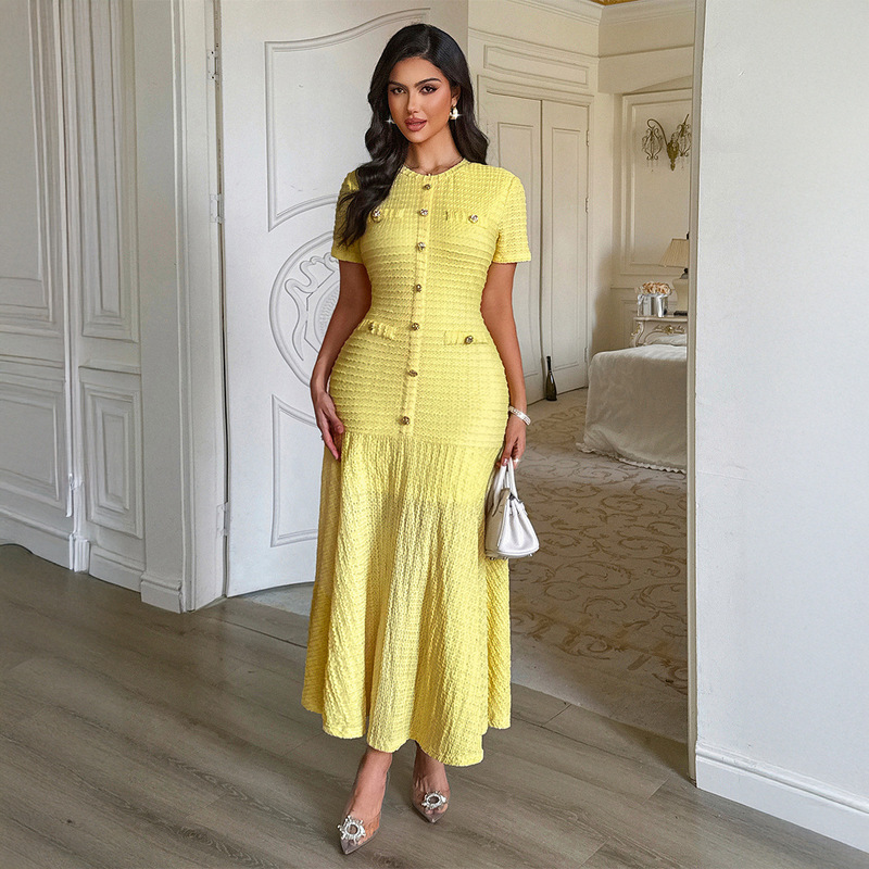 Cross-Border European and American Elegant Pure Color Short-Sleeved Hip Skirt Dress Women's Clothing 2025 Autumn and Winter Amazon Independent Station