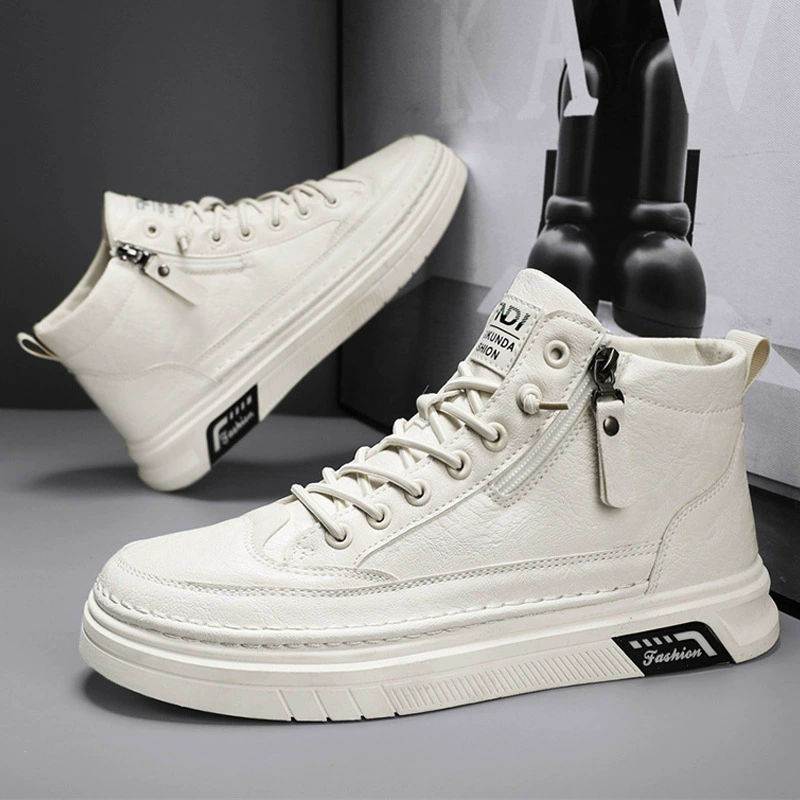 Осенние новые кожаные спортивные мужские кроссовки с высоким берцем, повседневная однотонная модная мужская обувь на плоской подошве в британском стиле, без шнуровки