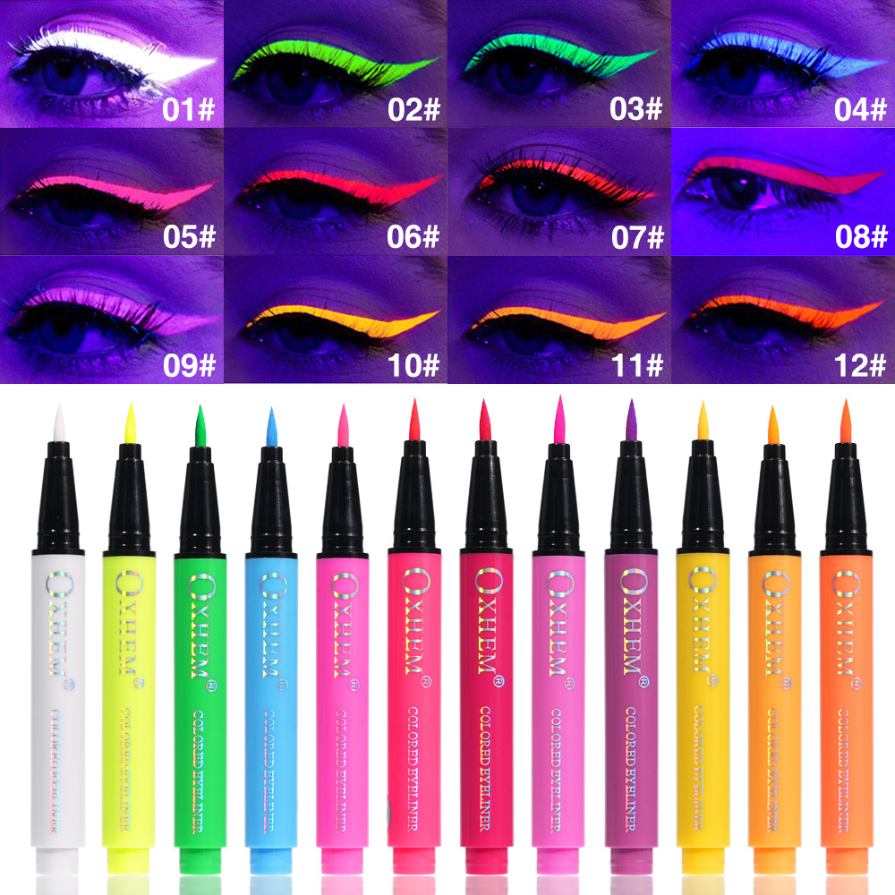 Colorful UV 12-color fluorescent eyeliner pen, non-smudging, long-lasting, smooth and vibrant color, cosplay makeup eyeliner, cross-border cosmetics