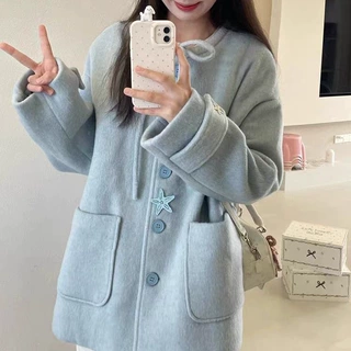 超好看蓝色纽扣系带毛呢外套女法式高级感小个子短款大衣跨境批发