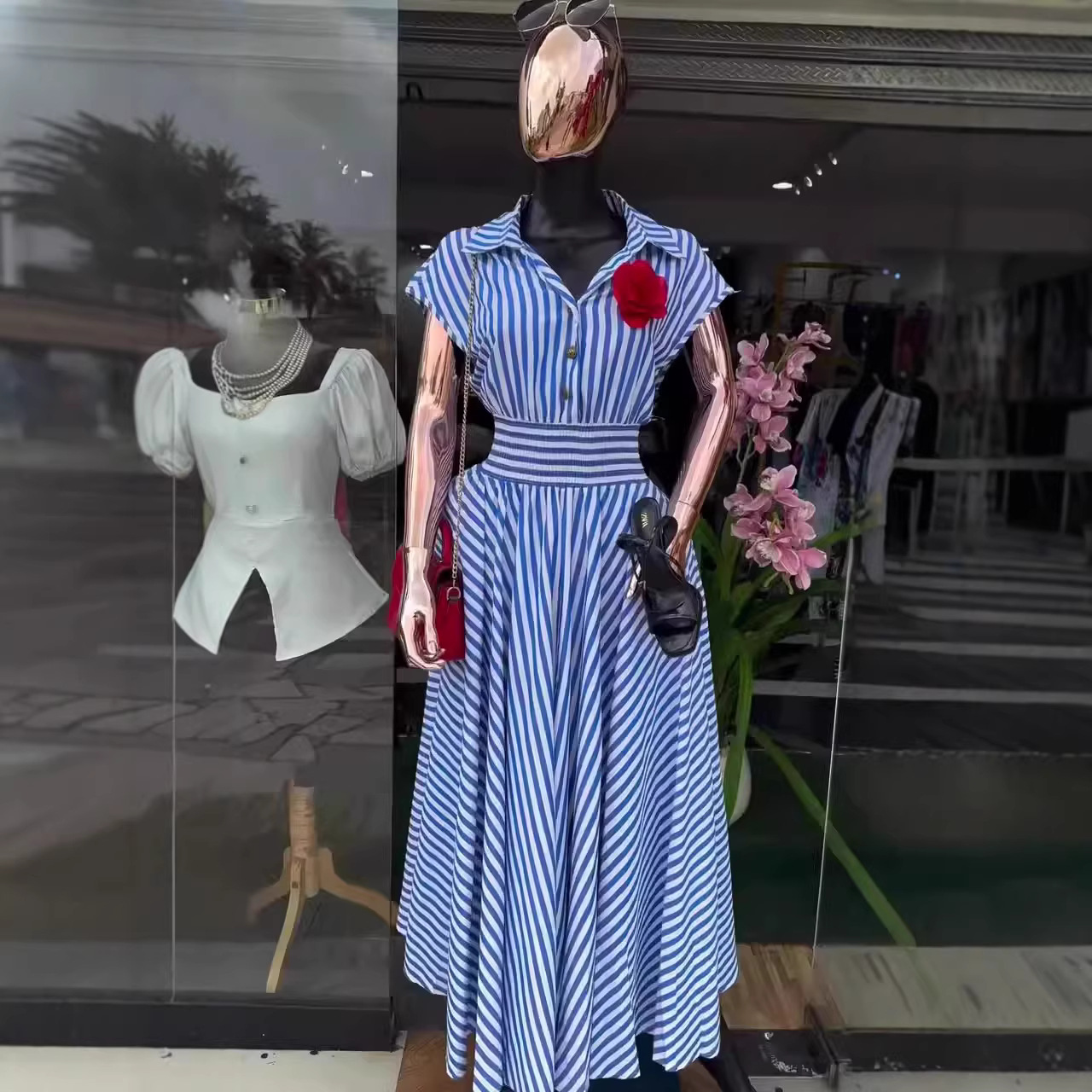 Women's Clothing Spring New Arrival Elegant Retro Striped Shirt Collar Short Sleeve Full Skirt Dress Fashion Waist Cinching American Style_ecoleips.com