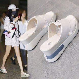 Wedge Slippers Women's Thick Bottom Fashionable Outer Wear 2024 Summer Cyber Celebrous New High-heeled Shoes Soft Leather Sandals Trendy