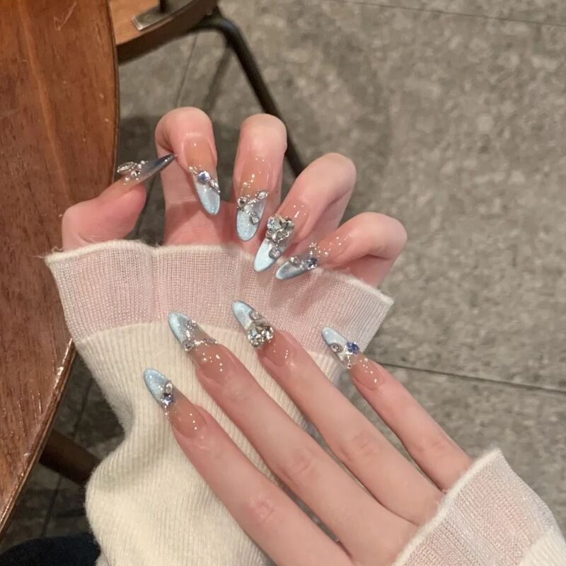 Purely Handmade Wearable Nails, Blue Water Drops, Light-Sensitive Blue Cat-Eye Atmosphere, Girly French Full-Diamond Ins Hot Girl Student~