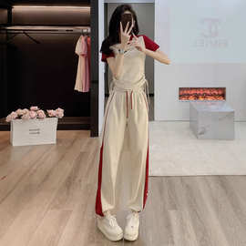 2025休闲运动套装女夏季小个子时尚减龄红色掐腰T恤束脚裤两件套