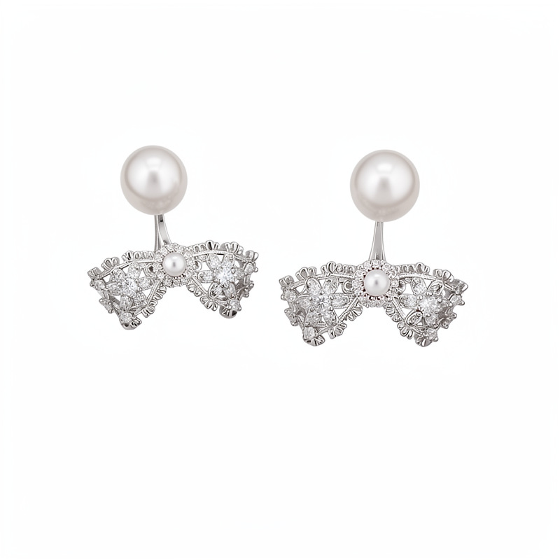 Agujas de plata Zircon arco perlas perlas orejetas coreanas exquisitas cotidianas de viaje versátil pendientes ligeros de lujo alta sensación de orejetas
