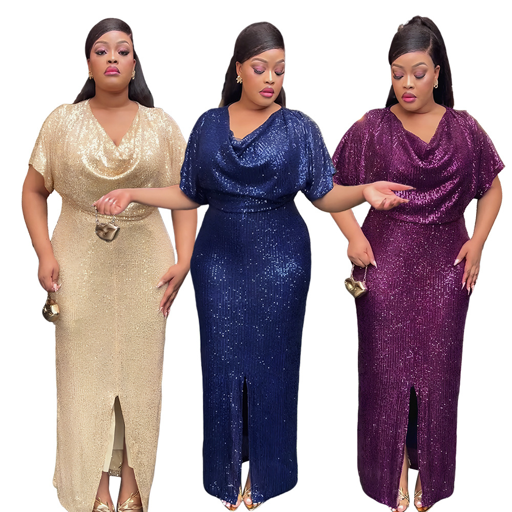 2025 Evening Dress Banquet Evening Wear Host African Cross-Border Fashion Sequin Plus Size Women's European and American Style Dress