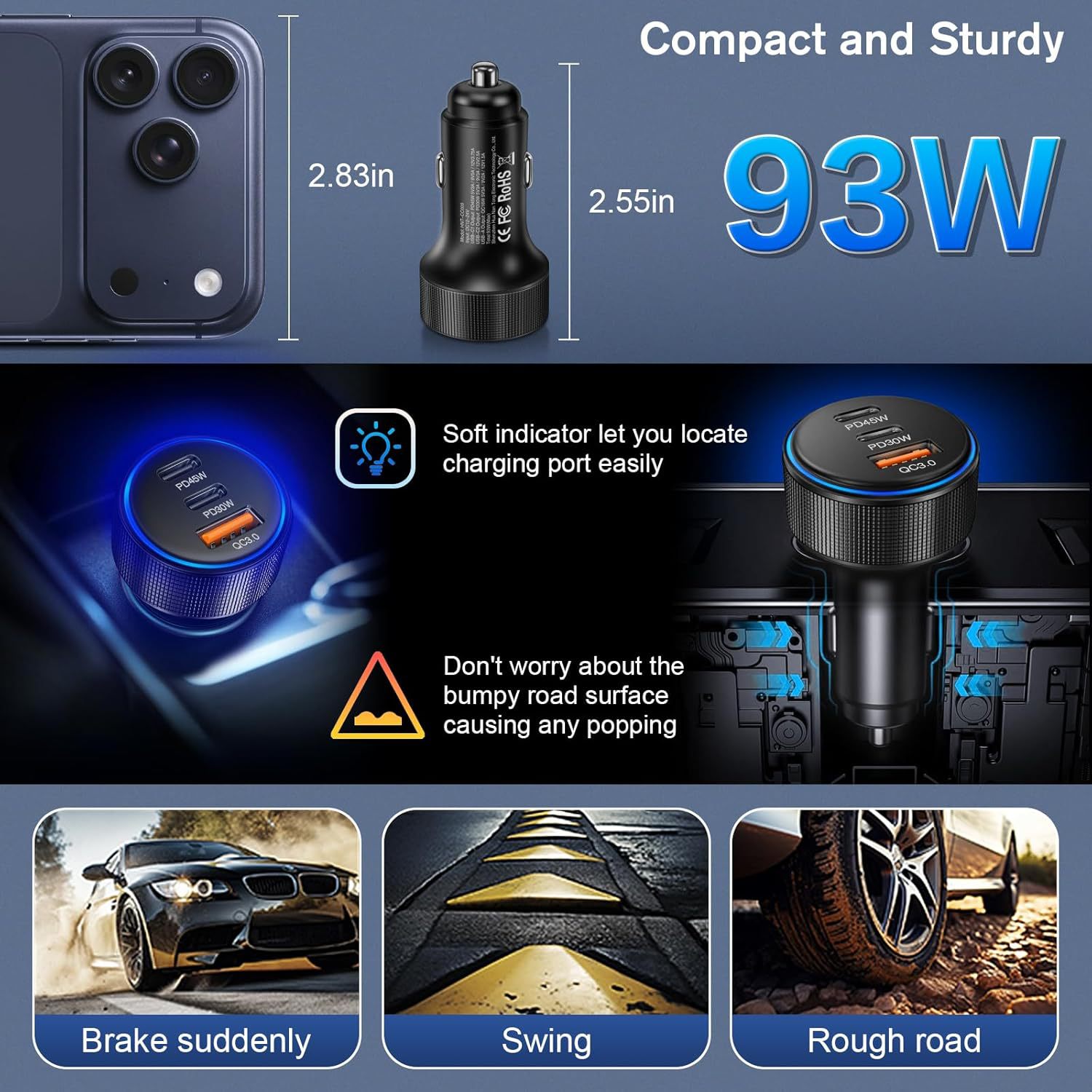 Cross-Border Factory Wholesale Car Charger Super Fast Charging Suitable for Apple and Android Phones Pd45 High-Power Car Charger