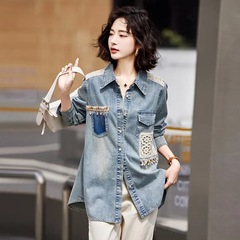 欧货时尚流行蕾丝拼接牛仔衬衫女外套春2025上衣洋气休闲大码女装