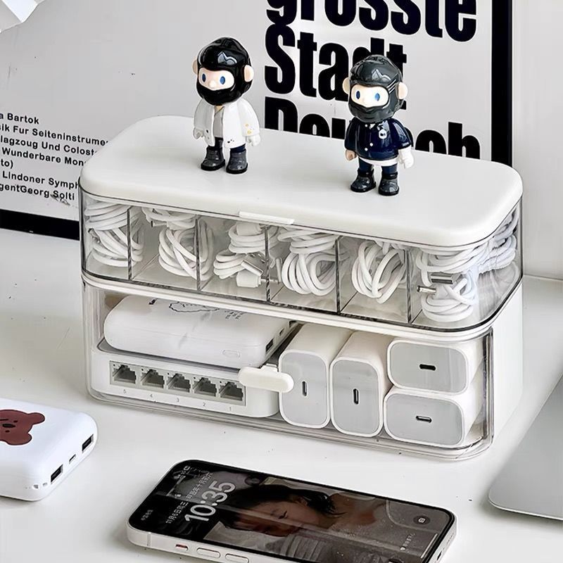 Desktop Double-Layer Data Cable Storage Box, Mobile Phone Charger, Charging Cable, Power Cord, Dust-Proof, Multi-Functional Compartment Organizer