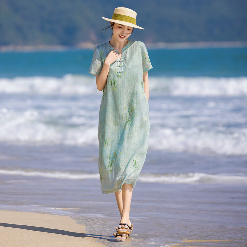 Summer New Artistic Retro Short-sleeved Willow Branch Printed Ramie Modified Cheongsam Dress V-neck Atmospheric Buckle dress