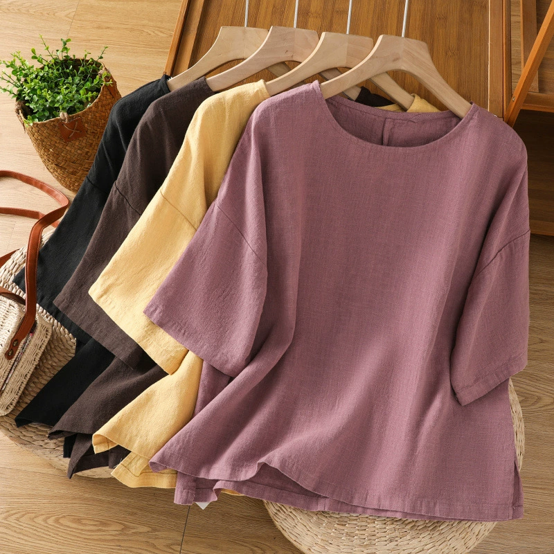 Винтажная хлопчатобумажная рамная футболка с короткими рукавами для женщин Лето 2025 новая мама иностранная льняная рубашка с короткими рукавами