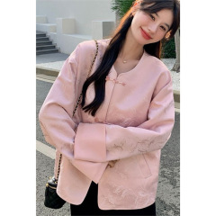新中式提花国风外套设计感女春秋季新款圆领盘扣宽松胖mm显瘦上衣