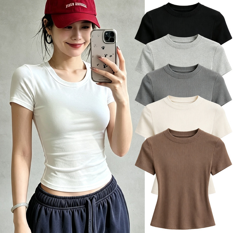 American-style slim-fit women's summer new tight-fitting T-shirt, short-sleeved, round-neck, slimming, solid color top, trendy on Instagram American-style slim-fit women's summer new tight-fitting T-shirt, short-sleeved, round-neck, slimming, solid color top, trendy on Instagram