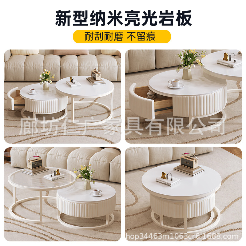 Mesa de centro de pizarra de roca personalizada, sala de estar, hogar, apartamento pequeño, mesa de té moderna de lujo ligero, estilo crema, vidrio redondo, combinación simple