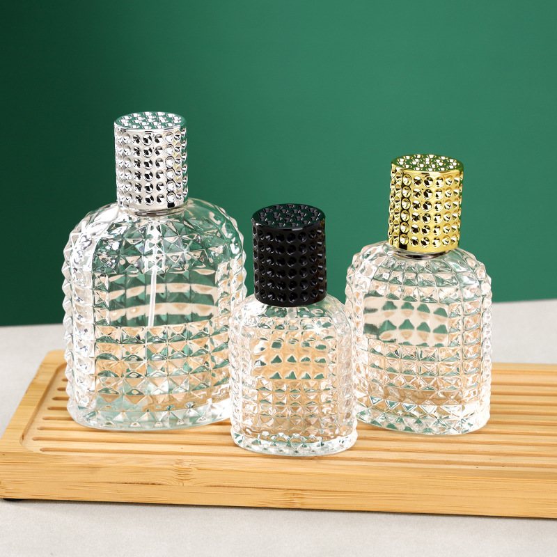 玻璃香水瓶浮雕圆弧扁形喷雾瓶加厚菠萝香水喷雾空瓶分装加厚玻璃