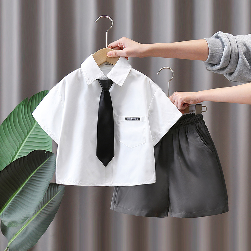 7160 Traje de verano para niños Camisa blanca de verano para niños 2025 Nuevo estilo Traje para niños Estilo de verano Estilo universitario