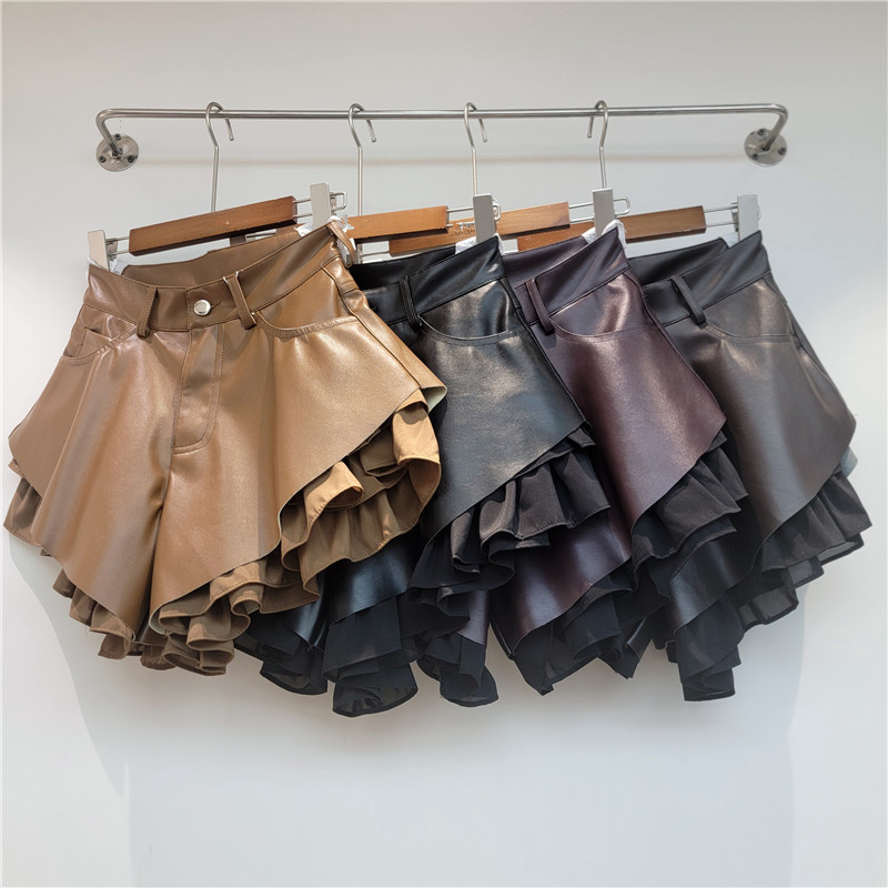 Designer-Style Wide-Leg Pants for Women, 2026 Early Autumn New Pu Leather High-Waisted Outerwear Double-Layer Short Skirt Pants with Chiffon Boot Pants Designer-Style Wide-Leg Pants for Women, 2026 Early Autumn New Pu Leather High-Waisted Outerwear Double-Layer Short Skirt Pants with Chiffon Boot Pants
