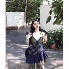 设计感复古双层棉布格纹胸口拼接丝带喷马骝斜边下摆吊带连衣裙女