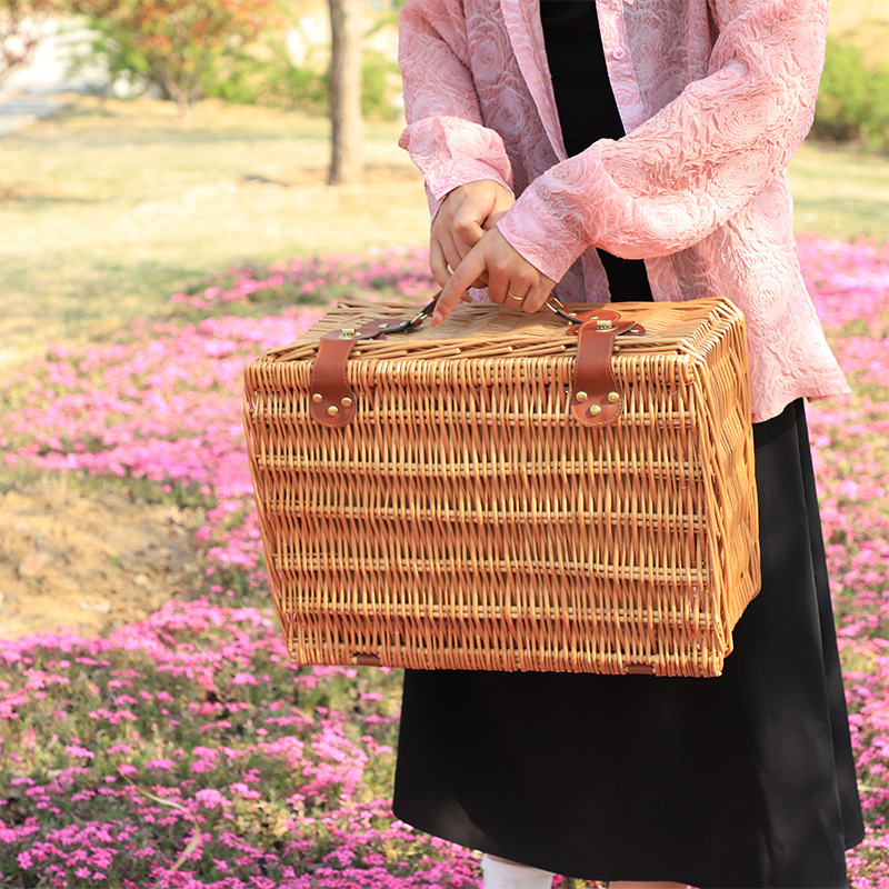 Pastoral canasta de picnic con cubiertos de sauce canasta de comidas portátil excursión camping al aire libre canasta de almacenamiento en línea