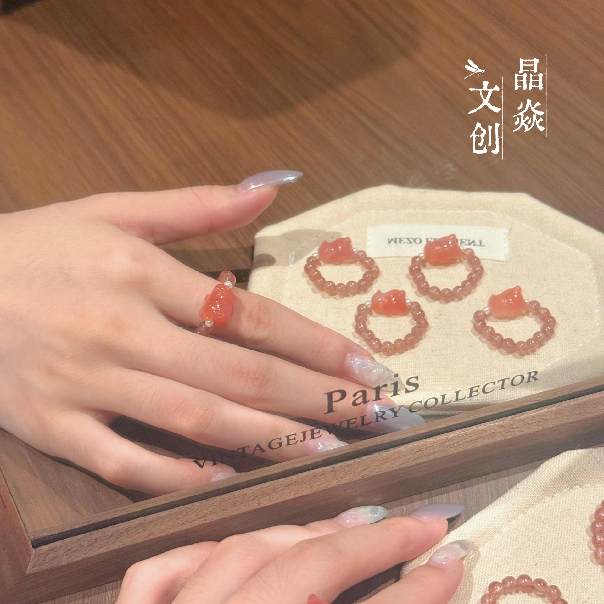 Factory wholesale direct shipment of strawberry crystal Yanyuan agate cute cat sweetly carved adorable live-streaming hot-selling crystal ring