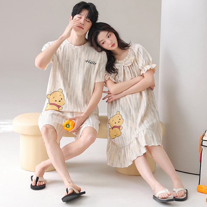 Couple Pajamas Summer Pure Cotton Short-sleeved Nightgown Women's Sweet Korean-style Cartoon Outwear Men's plus size Home Clothes suit