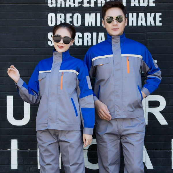 Work clothes polyester cotton fifth generation gray and bright blue (top and pants)