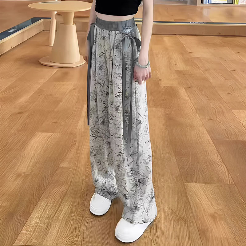 百搭水墨花冰丝阔腿裤女2025夏季新款拖地薄款高腰垂感宽松直筒裤