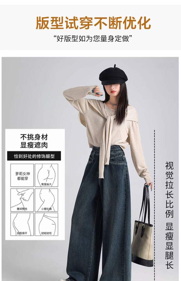 Quần jean ống rộng nữ cạp cao màu xanh cổ điển, dáng suông dài tôn dáng — Quần dài màu xanh đậm, gợi ý cho người dưới 163cm, Xanh đậm, dáng dài, khuyến nghị cho người cao trên 163cm chi tiết 7