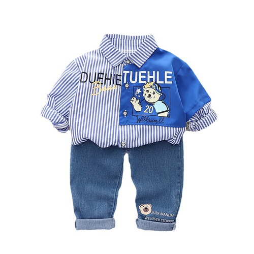 Boys Spring and Autumn Suit Little Boy Baby Cartoon Bear Shirt Jeans Two-piece Set Korean Style Toddler Fashion Western Style