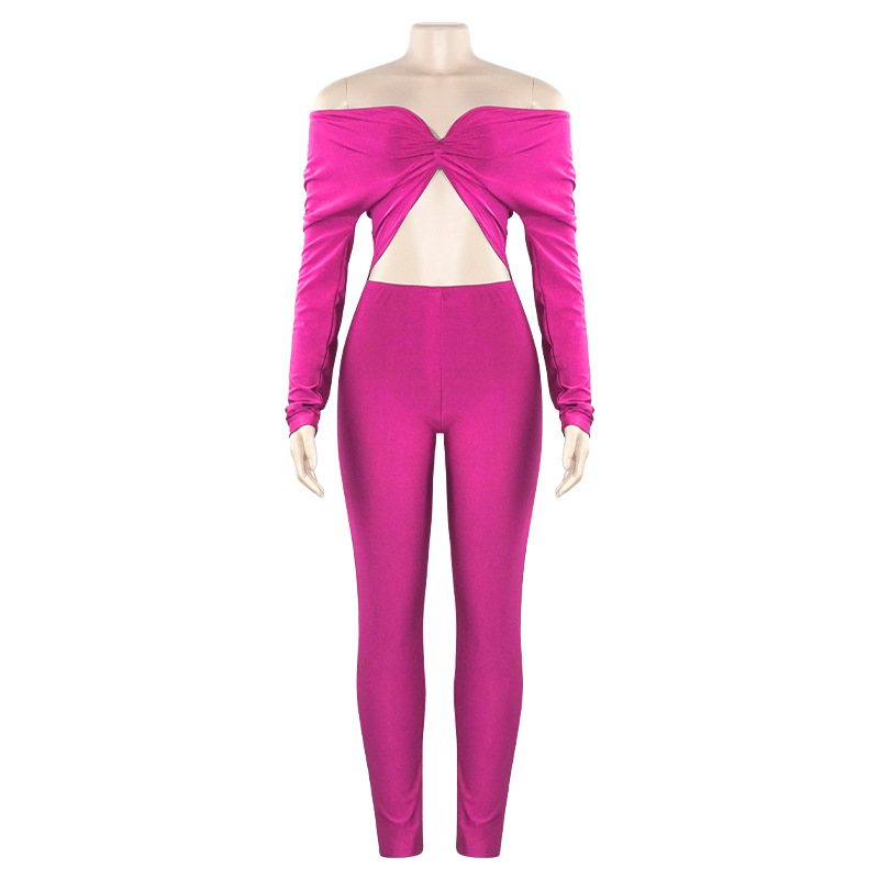 Autumn Solid Color V Neck Twist Hollow Out Cutout Cropped Sexy High Waist Long Sleeve Jumpsuit