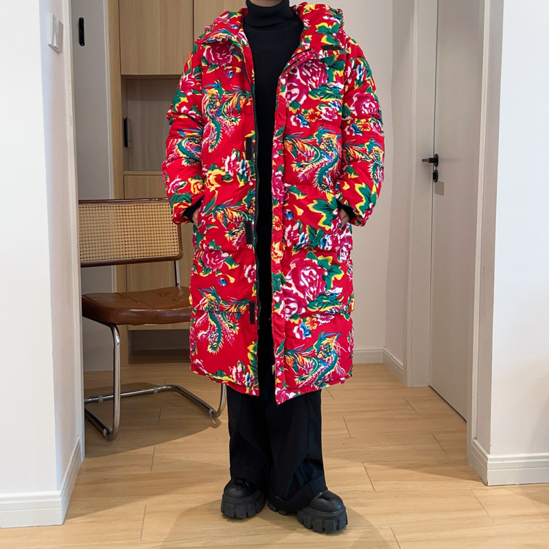 大码防寒棉袄团队棉服东北保暖服连帽长款棉衣外套中国风汉服大花