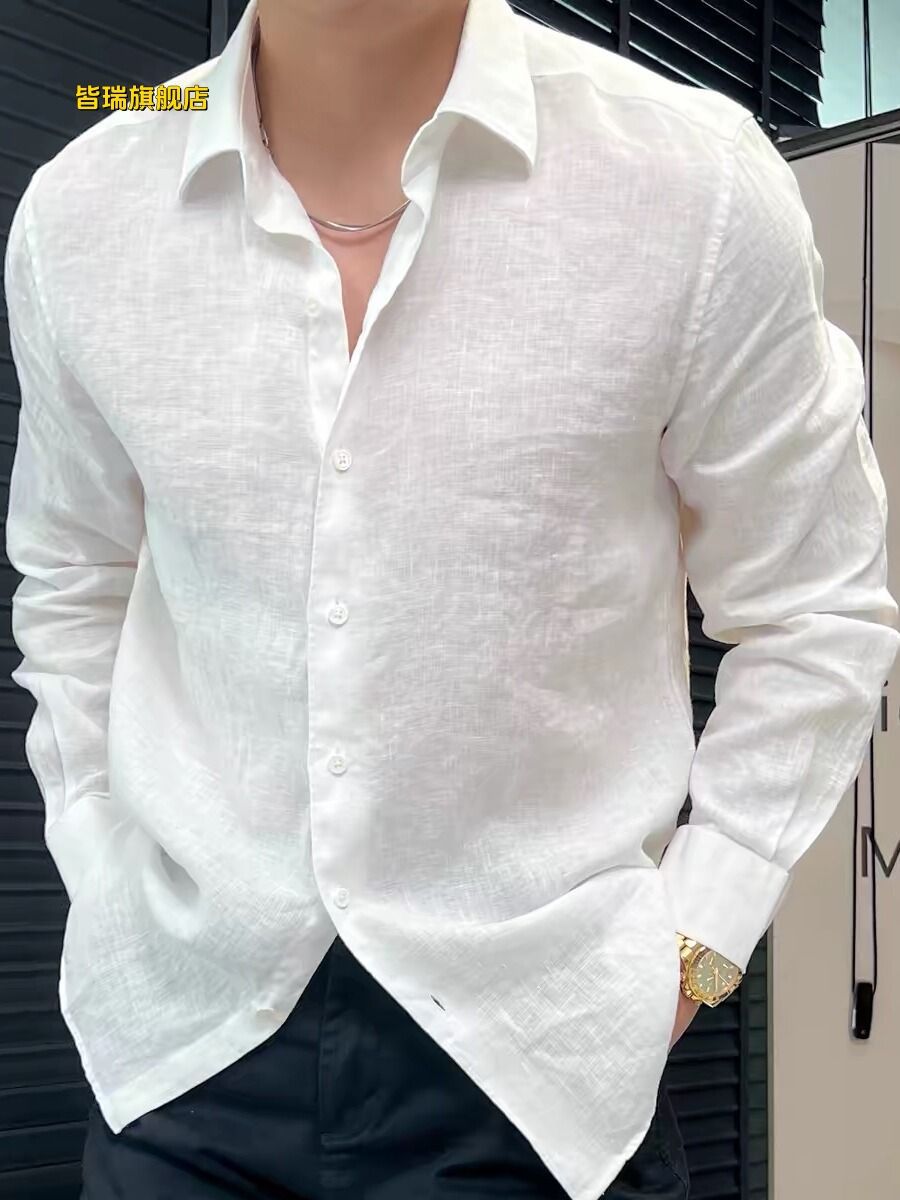 亚麻衬衣春夏季新款高级感防晒服纯色长袖衬衫男宽松百搭白色上衣