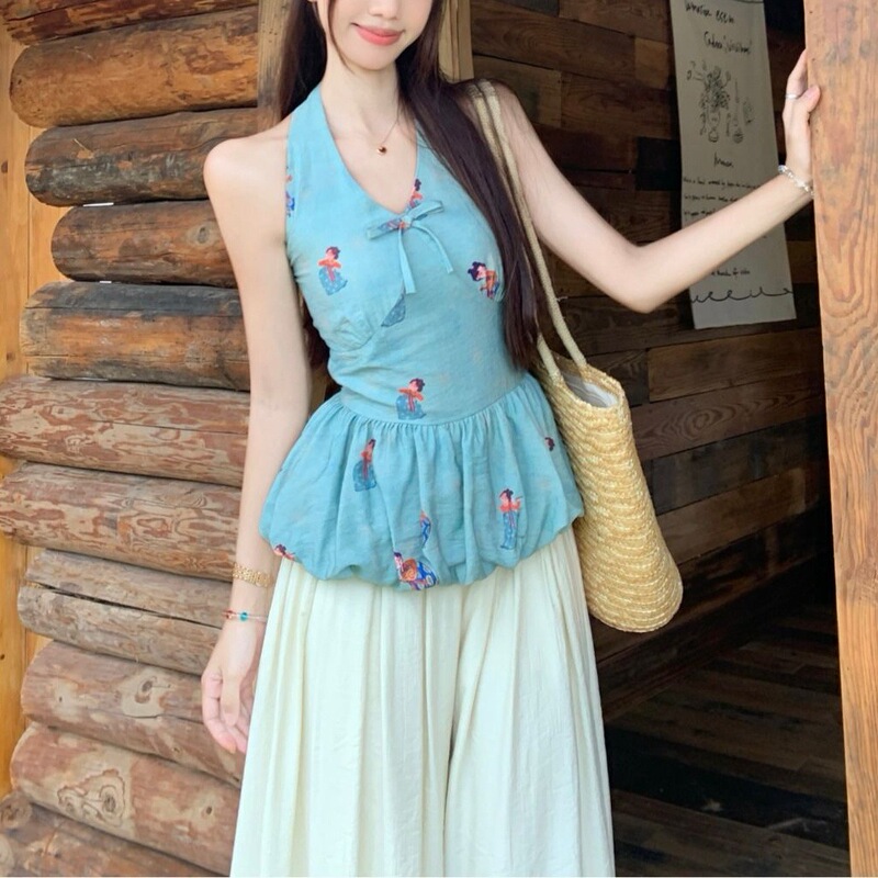 ホットガールプリント V ネックノースリーブホルターネックキャミソール女性の夏の休暇スタイルウエストシックな花のつぼみ美しいバックトップ|undefined