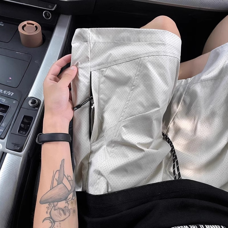 Mesh Ice Silk Shorts Men's Summer Thin Side Zipper Sports Pants American Functional Quick-Drying Work Pants