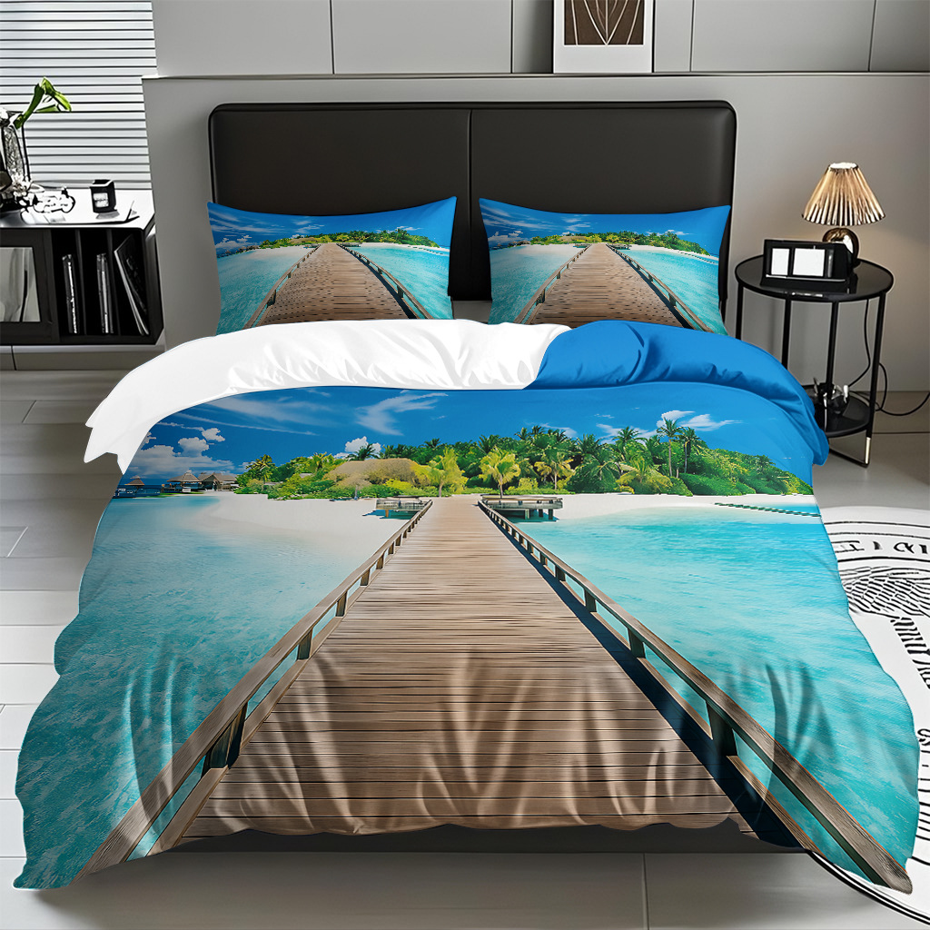 TEMU / JIT transfronterizo textil doméstico mar hermoso paisaje impresión colcha colcha de almohada fuente fábrica para la imagen se puede fijar