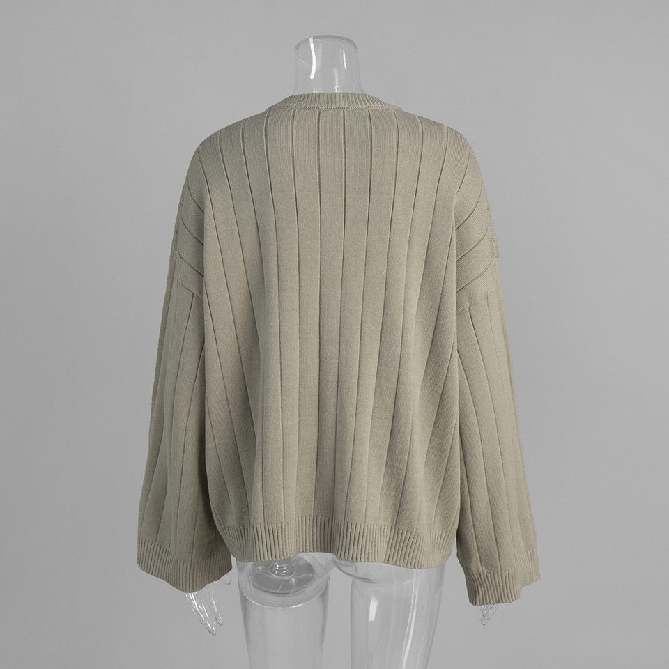 Áo cardigan len dệt kim cổ tròn dáng rộng tay dài nữ — màu vàng, màu xám nhạt chi tiết 9